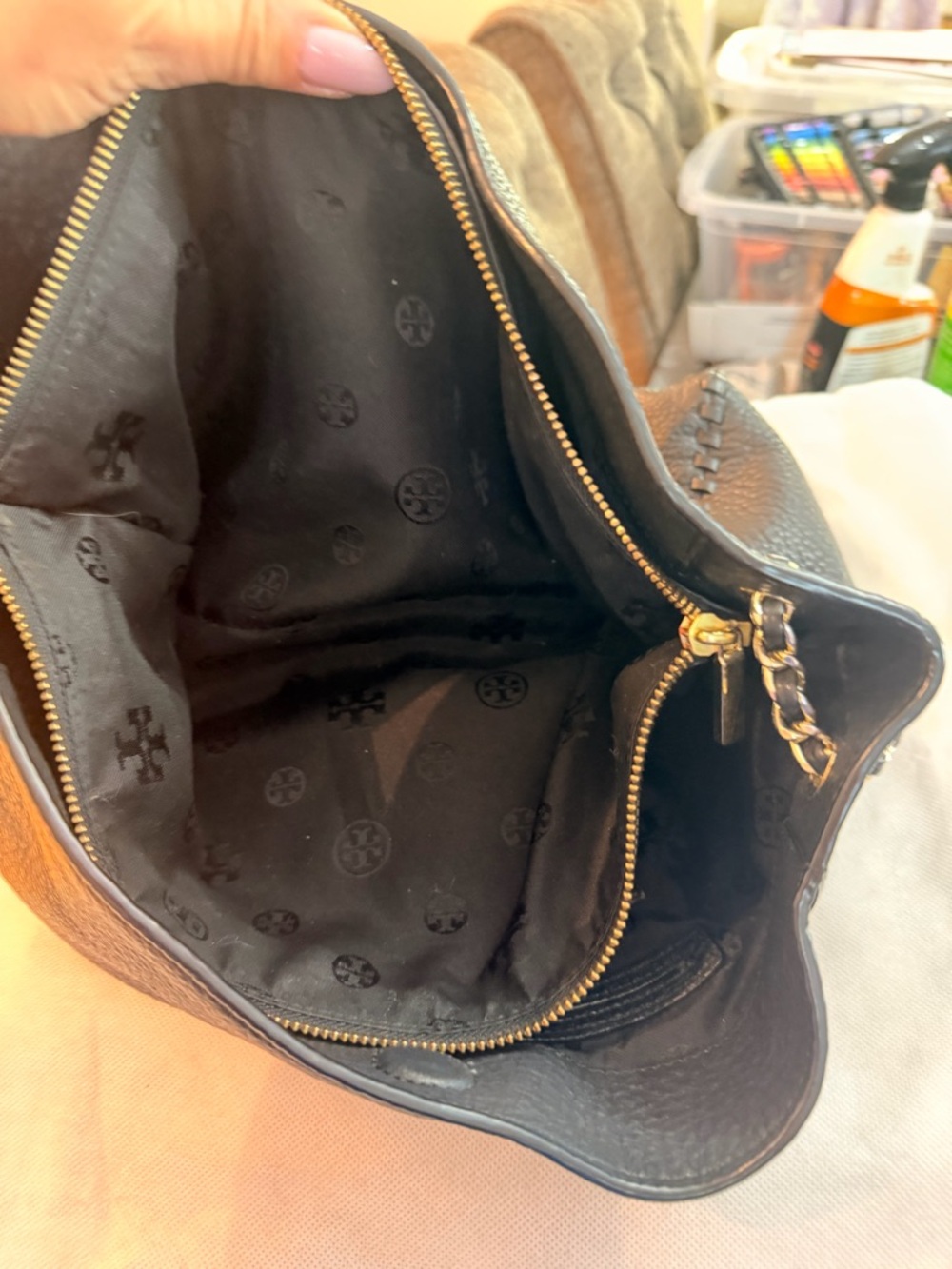 Tory Burch Pebbled Leather Crossbody with Embossed Logo - Black - Picture 8 of 8